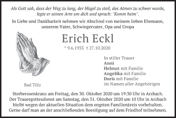 Todesanzeige von Erich Eckl von merkurtz