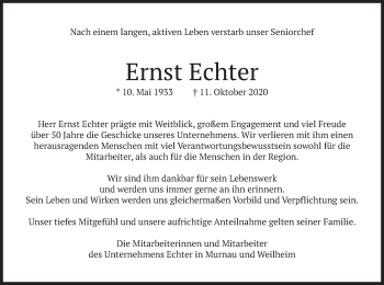 Todesanzeige von Ernst  Echter von merkurtz