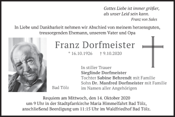 Todesanzeige von Franz Dorfmeister von merkurtz