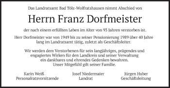 Todesanzeige von Franz Dorfmeister von merkurtz