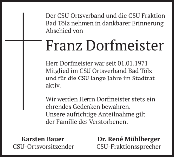 Todesanzeige von Franz Dorfmeister von merkurtz