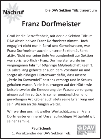 Todesanzeige von Franz Dorfmeister von merkurtz