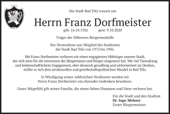 Todesanzeige von Franz Dorfmeister von merkurtz