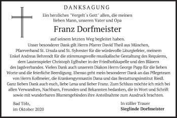 Todesanzeige von Franz Dorfmeister von merkurtz
