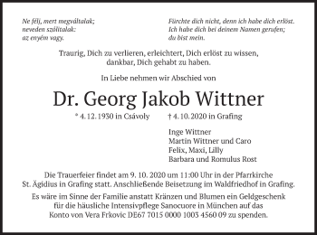Todesanzeige von Georg Jakob Wittner von merkurtz