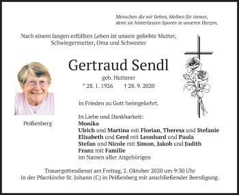 Todesanzeige von Gertraud Sendl von merkurtz