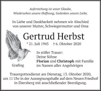Todesanzeige von Gertrud Herbst von merkurtz