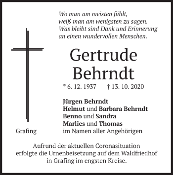 Todesanzeige von Gertrude Behrndt von merkurtz