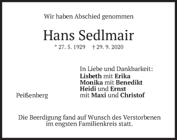 Todesanzeige von Hans Sedlmair von merkurtz