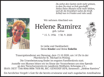 Todesanzeige von Helene Ramirez von merkurtz