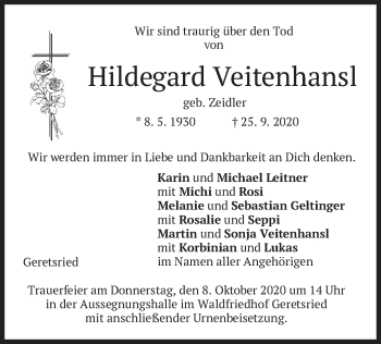 Todesanzeige von Hildegard Veitenhansl von merkurtz