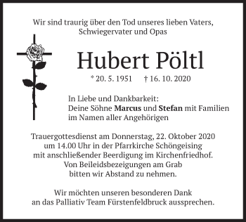Todesanzeige von Hubert Pöltl von merkurtz