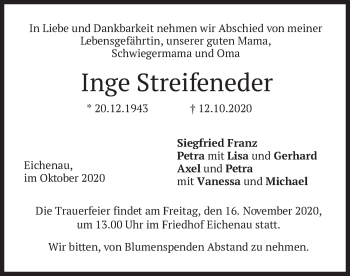 Todesanzeige von Inge Streifeneder von merkurtz