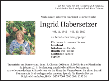 Todesanzeige von Ingrid Habersetzer von merkurtz