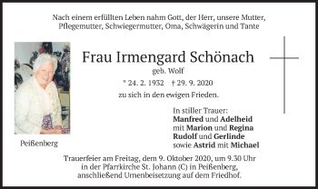 Todesanzeige von Irmengard Schönach von merkurtz