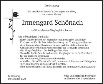 Todesanzeige von Irmengard Schönach von merkurtz