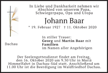 Todesanzeige von Johann Baar von merkurtz