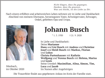 Todesanzeige von Johann Busch von merkurtz