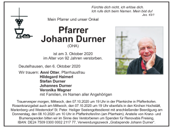 Todesanzeige von Johann Durner von merkurtz