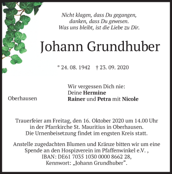 Todesanzeige von Johann Grundhuber von merkurtz