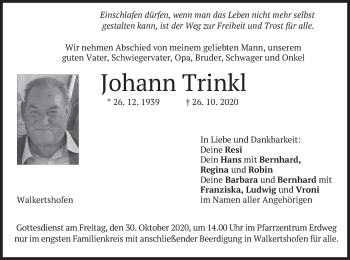 Todesanzeige von Johann Trinkl von merkurtz
