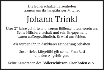 Todesanzeige von Johann Trinkl von merkurtz