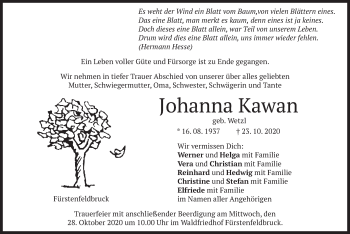 Todesanzeige von Johanna Kawan von merkurtz