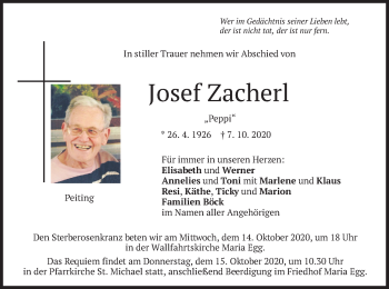 Todesanzeige von Josef Zacherl von merkurtz