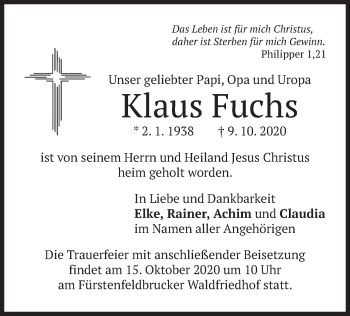Todesanzeige von Klaus Fuchs von merkurtz