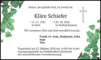 Todesanzeige von Kläre Schiefer von merkurtz