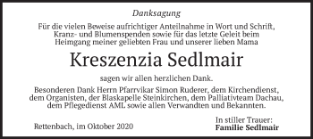 Todesanzeige von Kreszenzia Sedlmair von merkurtz