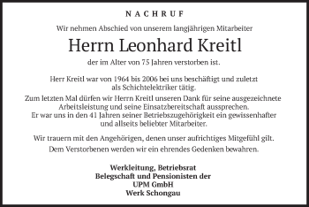Todesanzeige von Leonhard Kreitl von merkurtz