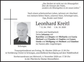 Todesanzeige von Leonhard Kreitl von merkurtz