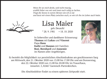 Todesanzeige von Lisa Maier von merkurtz