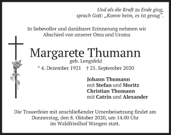 Todesanzeige von Margarete Thumann von merkurtz