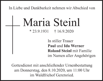 Todesanzeige von Maria Steinl von merkurtz