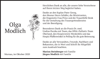 Todesanzeige von Olga Modlich von merkurtz
