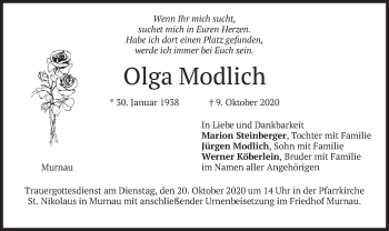 Todesanzeige von Olga Modlich von merkurtz