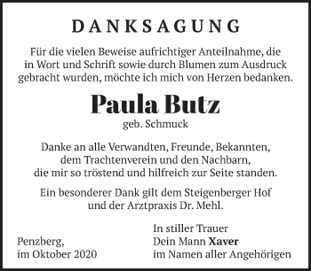 Todesanzeige von Paula Butz von Das Gelbe Blatt Penzberg