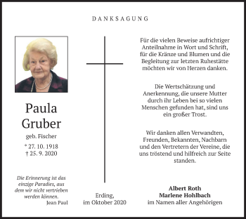 Todesanzeige von Paula Gruber von merkurtz