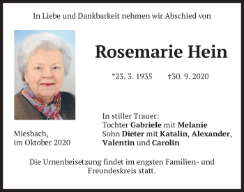 Todesanzeige von Rosemarie Hein von merkurtz