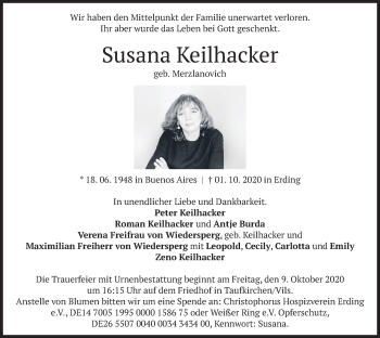 Todesanzeige von Susana Keilhacker von merkurtz