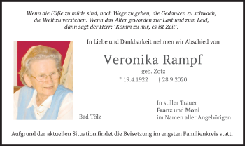 Todesanzeige von Veronika Rampf von merkurtz