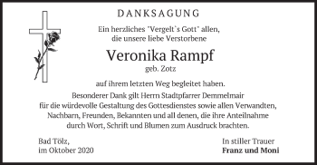 Todesanzeige von Veronika Rampf von merkurtz