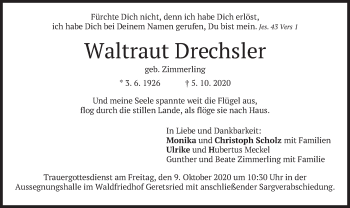 Todesanzeige von Waltraut Drechsler von merkurtz