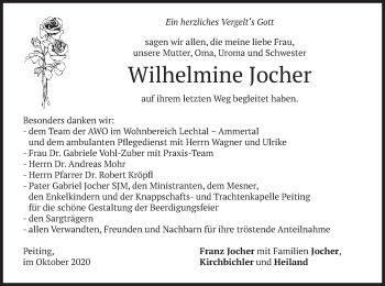 Todesanzeige von Wilhelmine Jocher von merkurtz