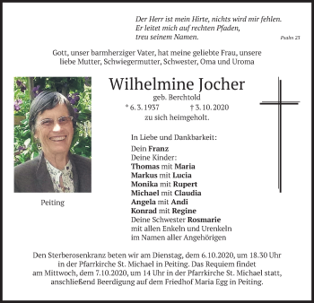 Todesanzeige von Wilhelmine Jocher von merkurtz