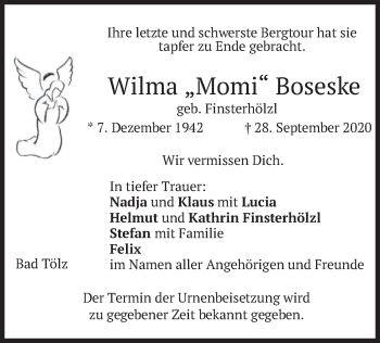 Todesanzeige von Wilma Boseske von merkurtz