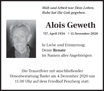 Todesanzeige von Alois Geweth von Das Gelbe Blatt Penzberg