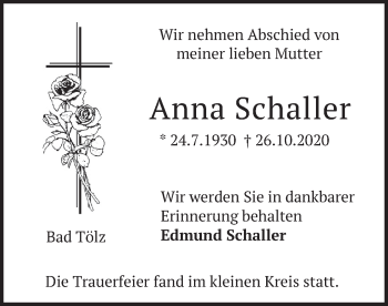Todesanzeige von Anna Schaller von merkurtz